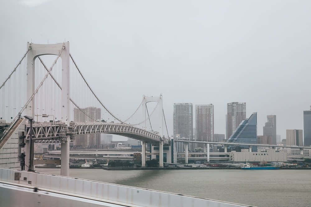 造訪神秘的彩虹橋 壁紙 — 彩虹橋橫跨一條寬闊的河流，天空多雲，背景是現代化的摩天大樓。