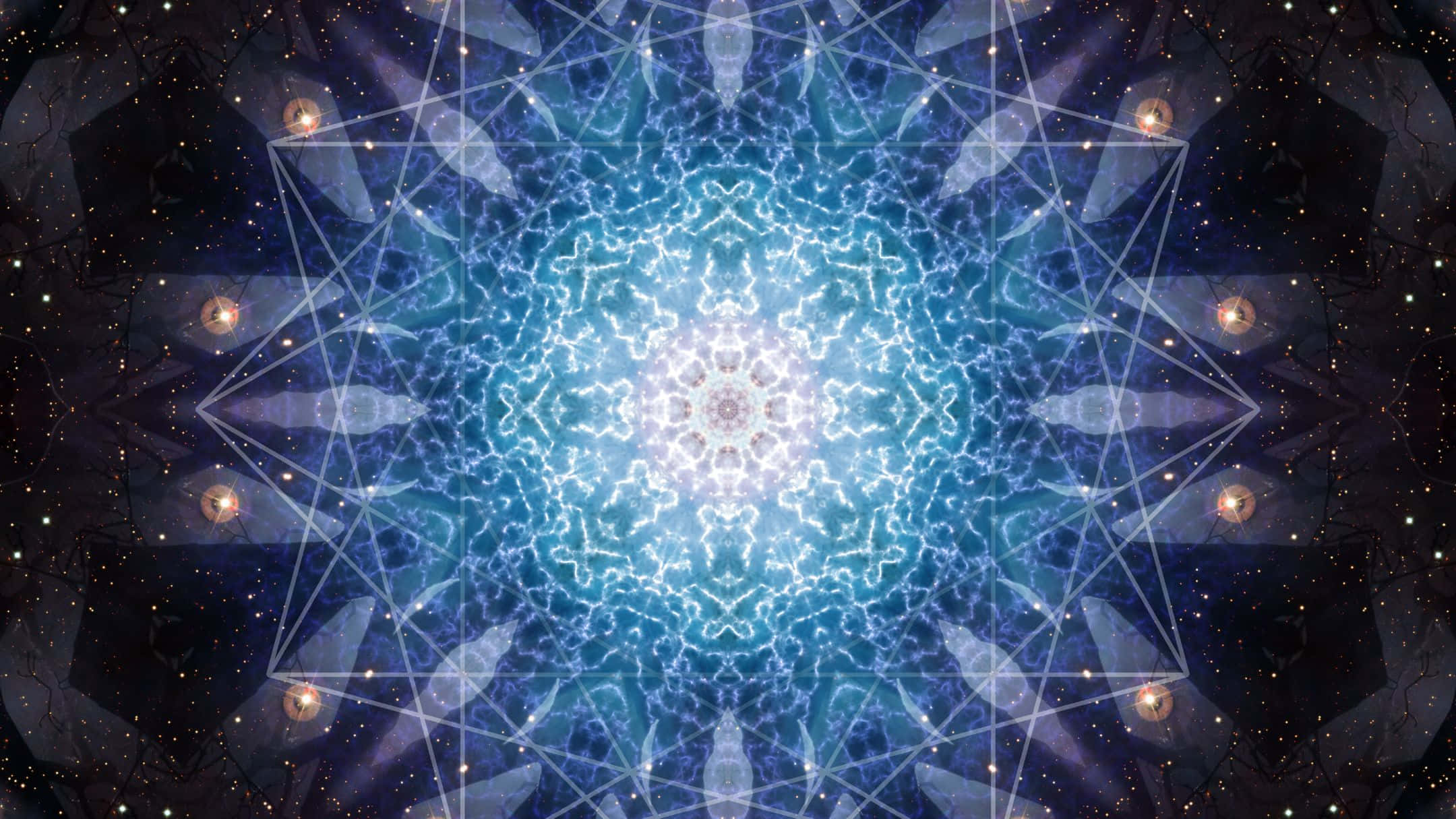 連太陽都為冷讓步 壁紙 — 一個發光的藍色幾何曼陀羅，帶有星狀光芒，從中心點向宇宙星空背景輻射。