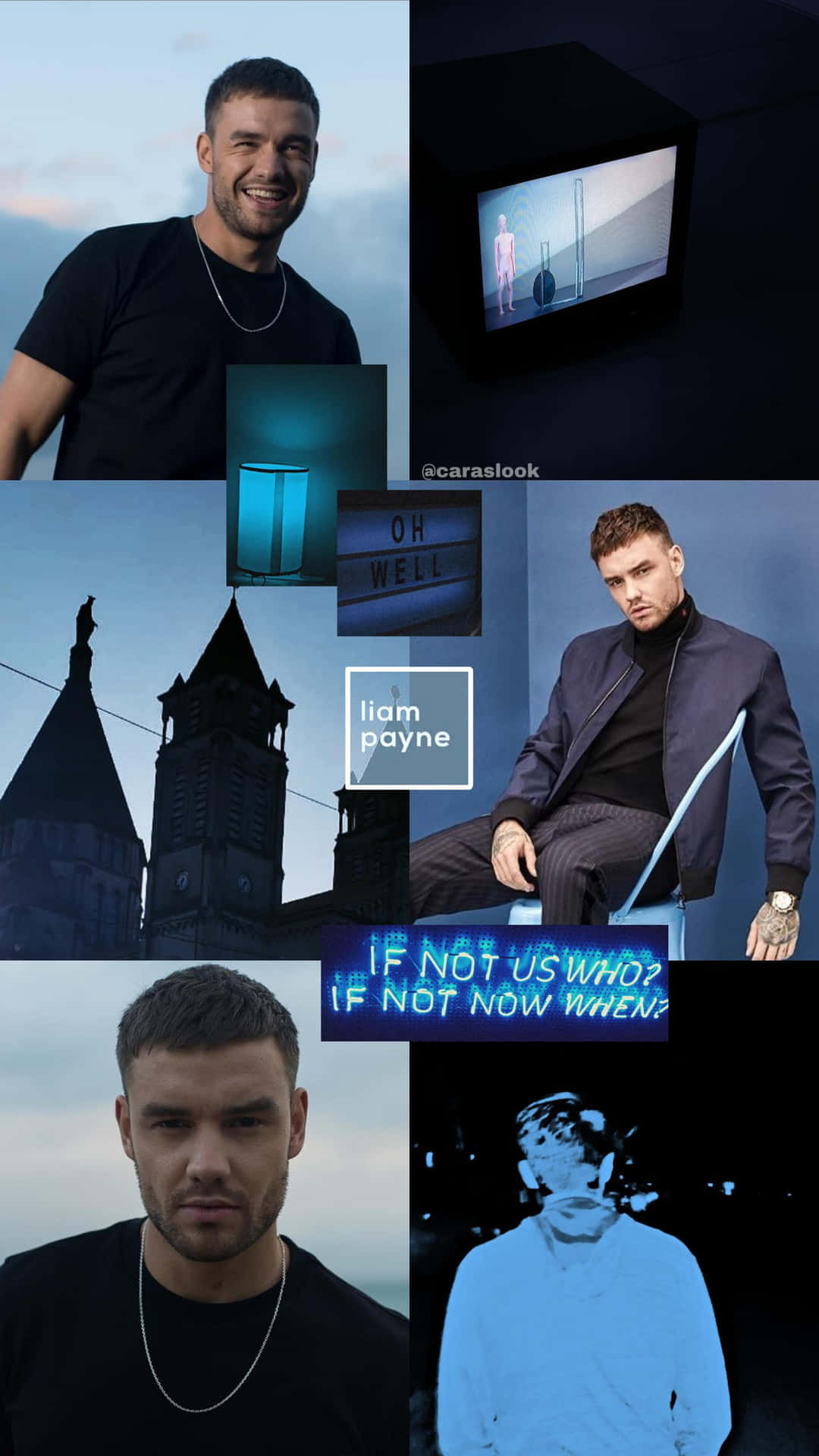 Liam Payne 拼貼畫，帶有霓虹燈招牌和黑暗城市場景。