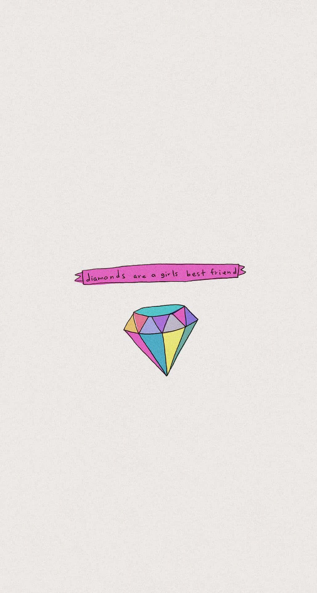 一個風格化的彩色鑽石，帶有粉紅色橫幅，上面寫著 diamonds are a girls best friends。
