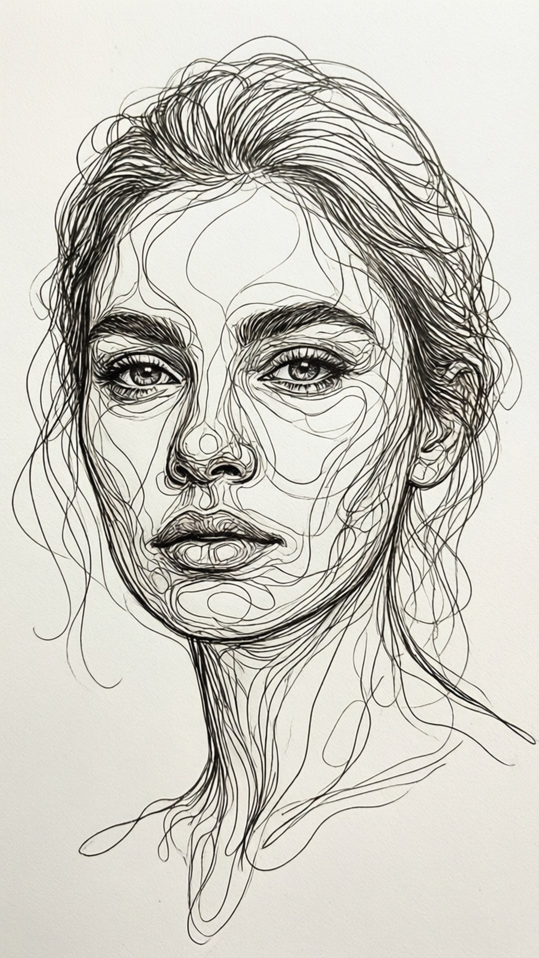 一幅黑白線條畫，描繪一位女性面孔，擁有細緻的眼睛和飄逸的頭髮。
