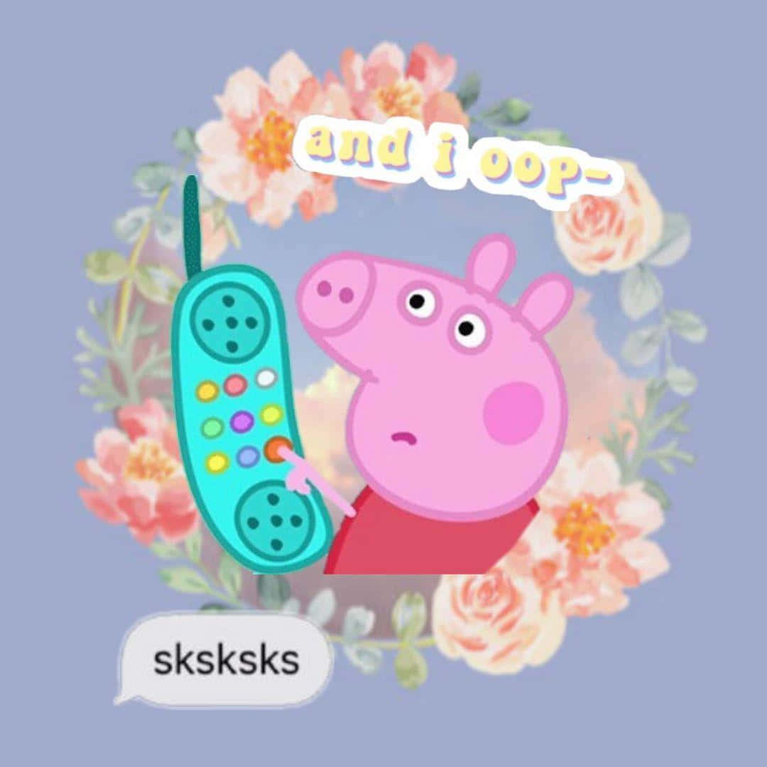 Peppa Pig 手持色彩繽紛嘅電話，身後有花環。