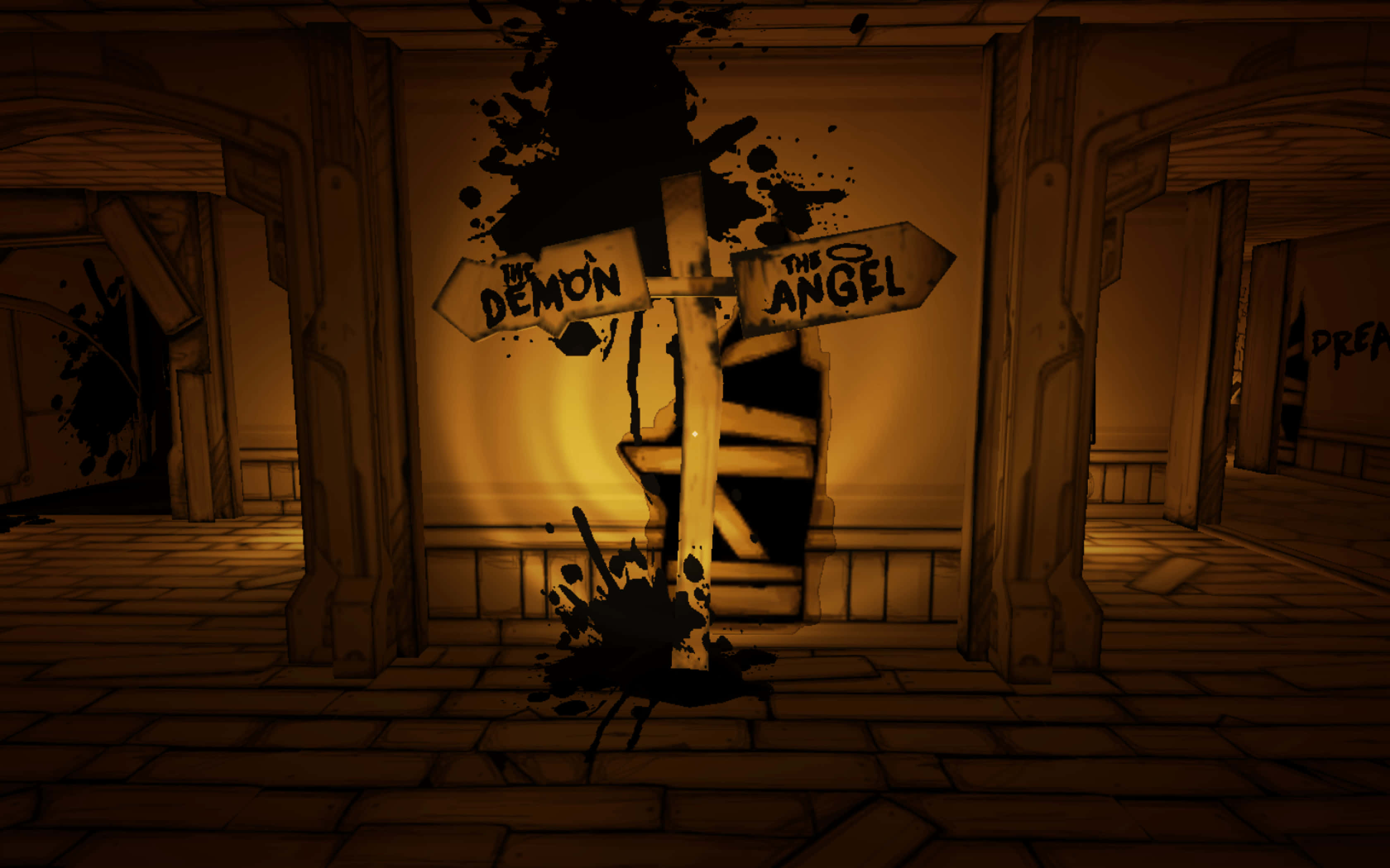 進入《Bendy and the Ink Machine》的超自然恐怖世界 ⛓️ 壁紙 — 一條昏暗的走廊上有一個破損的路牌，上面寫著「THE DEMON」和「THE ANGEL」，指向相反方向，濺滿黑色墨水。