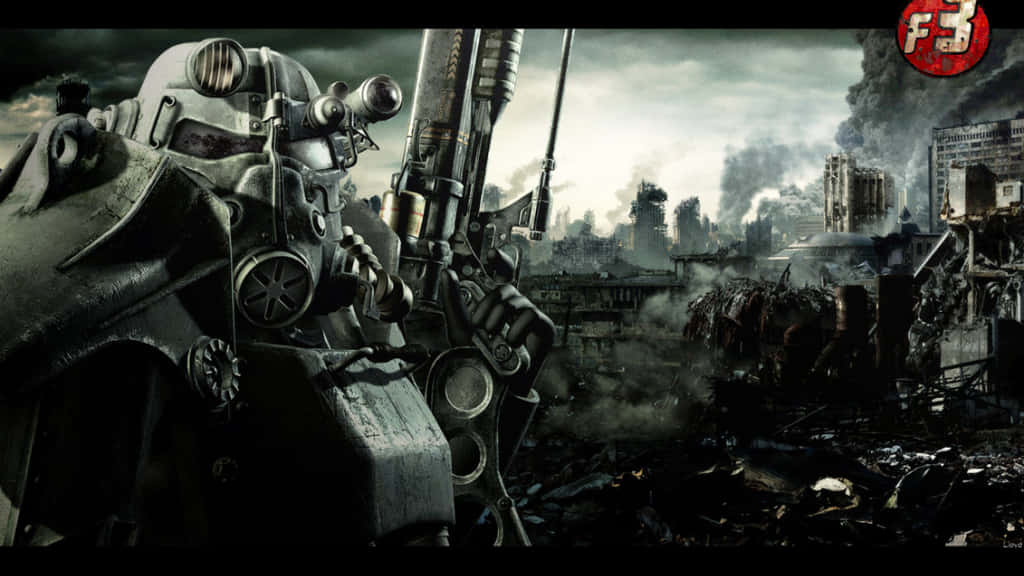 進入《Cool Fallout》的動作-packed世界 壁紙 — 一個孤獨的廢土倖存者身穿笨重的動力裝甲，站在陰沉天空下破敗的城市景觀中。