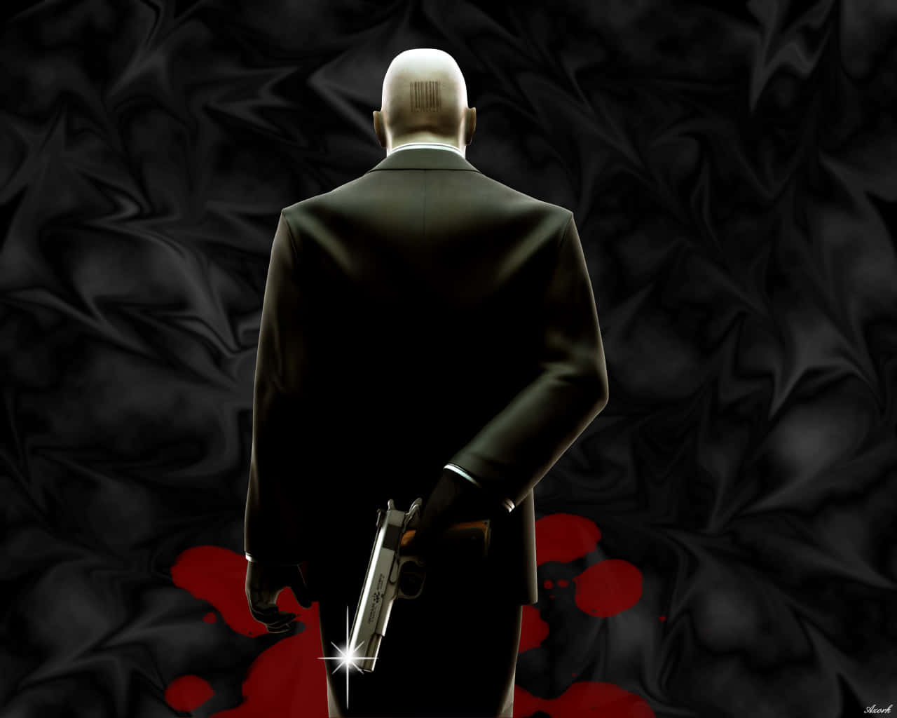 進入《Hitman 2》的世界 壁紙 — 一個光頭男子穿著黑色西裝，手持一把帶有發光星爆的槍，背景是深色皺褶布料，上面有紅色飛濺。