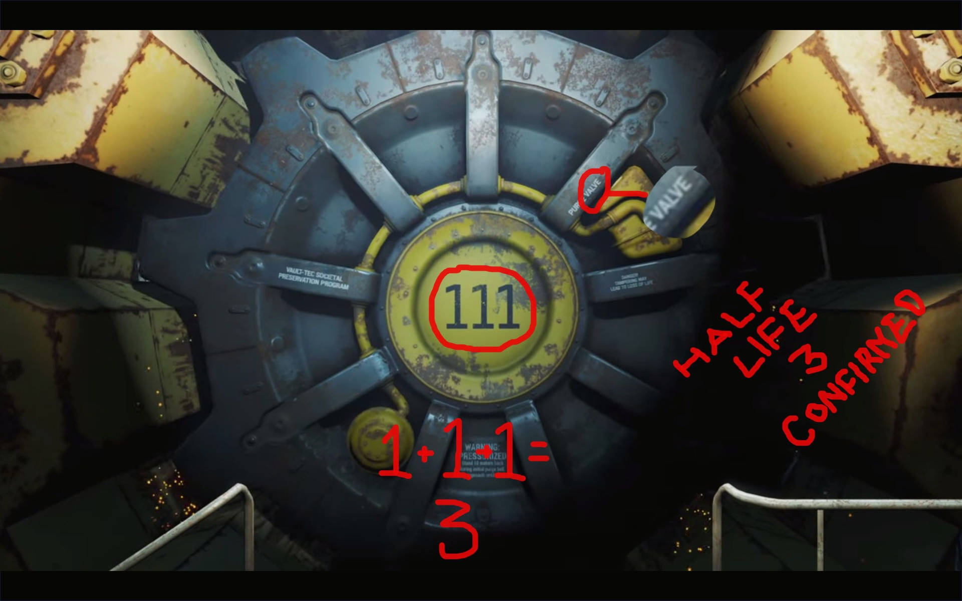 生鏽閥門的特寫，紅色文字疊加顯示 half life 3 confirmed 和 1+1=3。