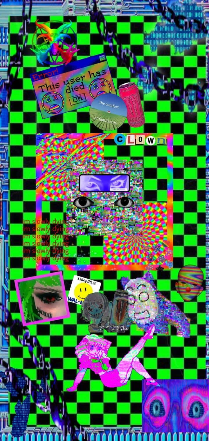 數碼拼貼，在綠色格仔背景上有故障藝術眼睛和卡通角色。