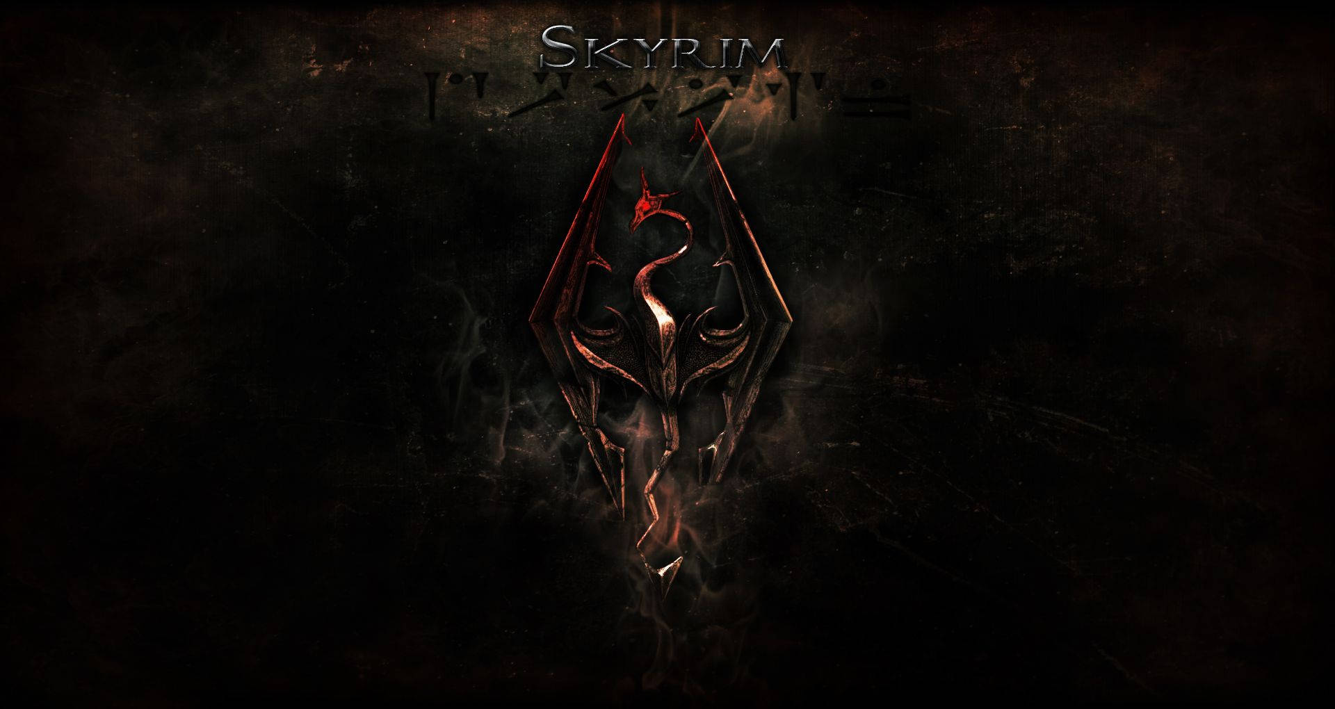 一個來自Skyrim的發光紅色龍徽章，置於黑暗紋理背景上。