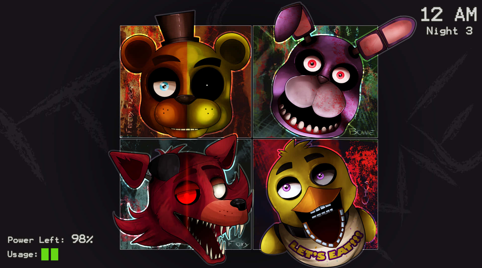 來自《Five Nights at Freddy's》的四個帶有發光眼睛的可怕電子動畫角色。