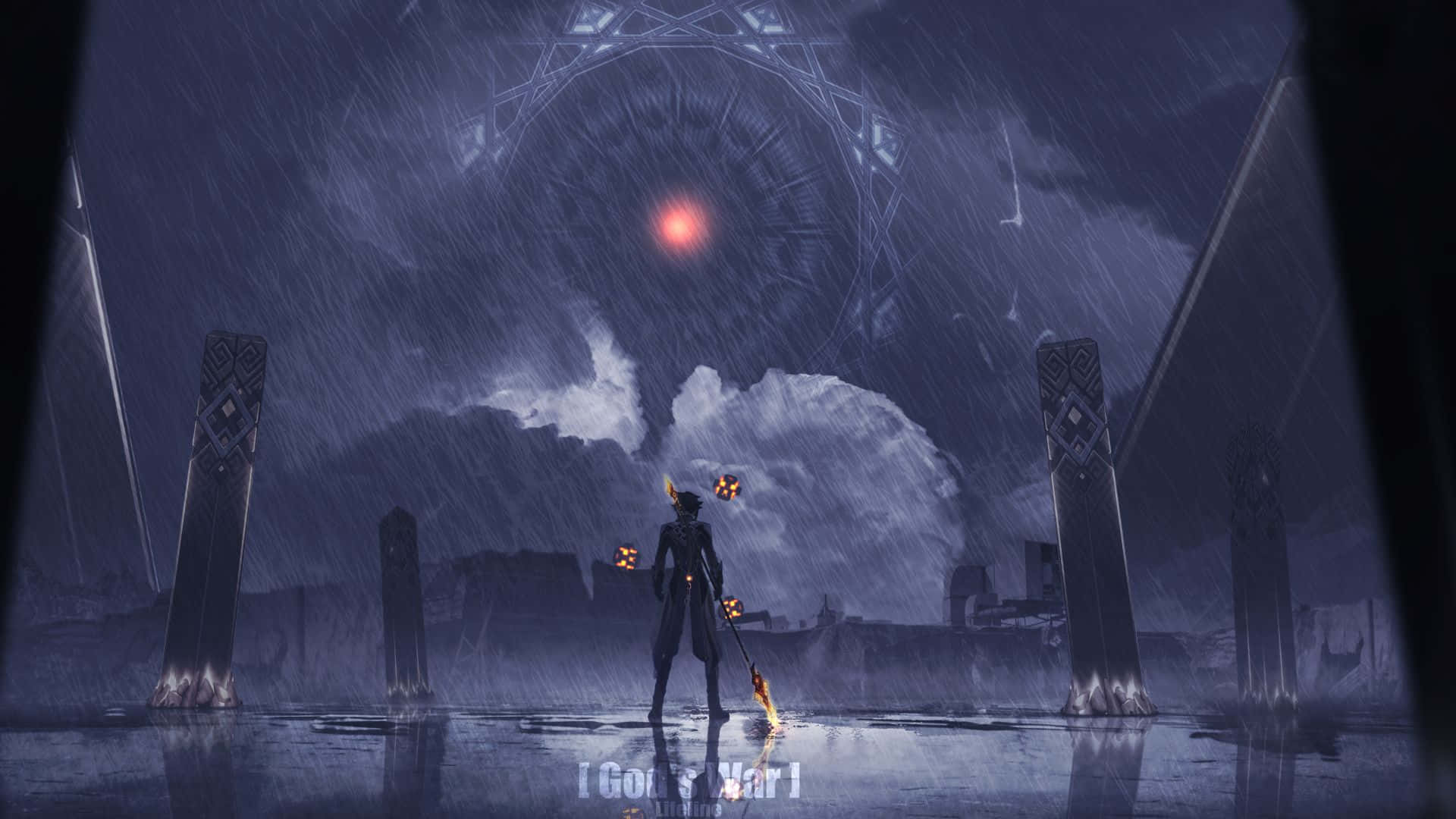 一個戰士帶著發光的球體，站在風雨交加的廢墟中，天空中有發光的紅眼。