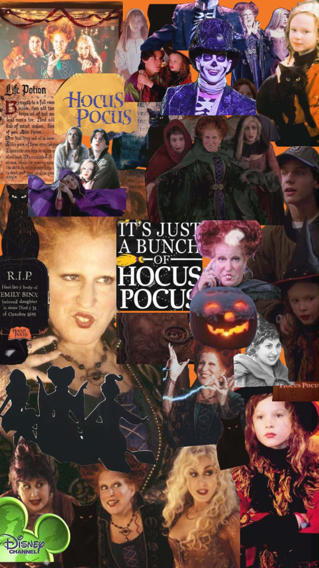 《Hocus Pocus》電影拼貼畫，包含女巫、南瓜和萬聖節裝飾。