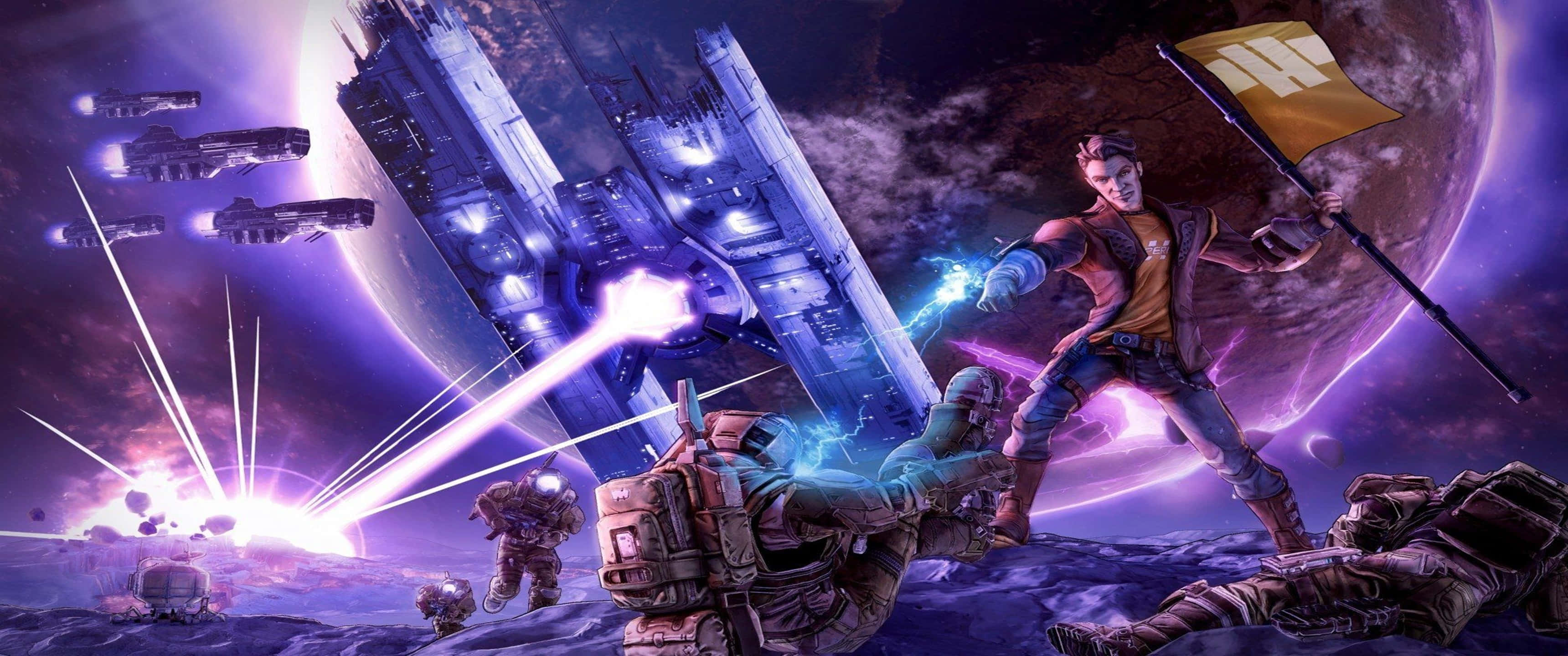 進入「希伯倫聖殿」，探索《邊境之地3》 壁紙 — 一名太空戰士在外星行星上舉著旗幟勝利地站立，而戰艦在發光的紫色行星上空戰鬥。