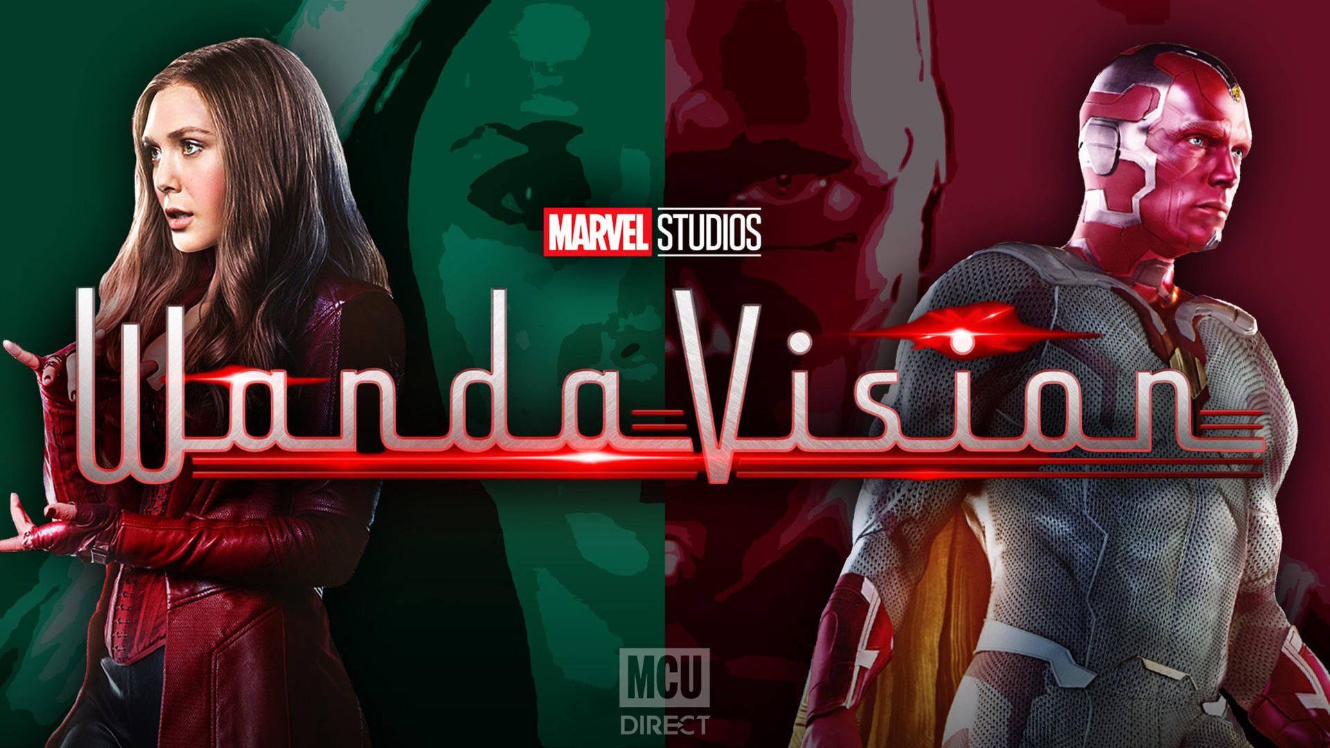 Wanda Maximoff 和 Vision 在一個帶有紅色和綠色背景的 Marvel Studios 宣傳海報中。