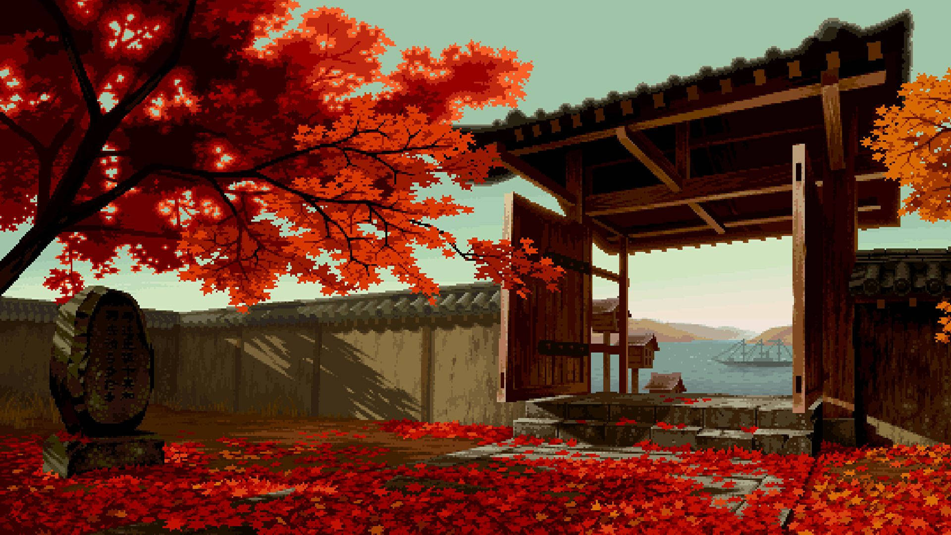 傳統日本門，以紅色楓葉為框，遠方有水和船隻。