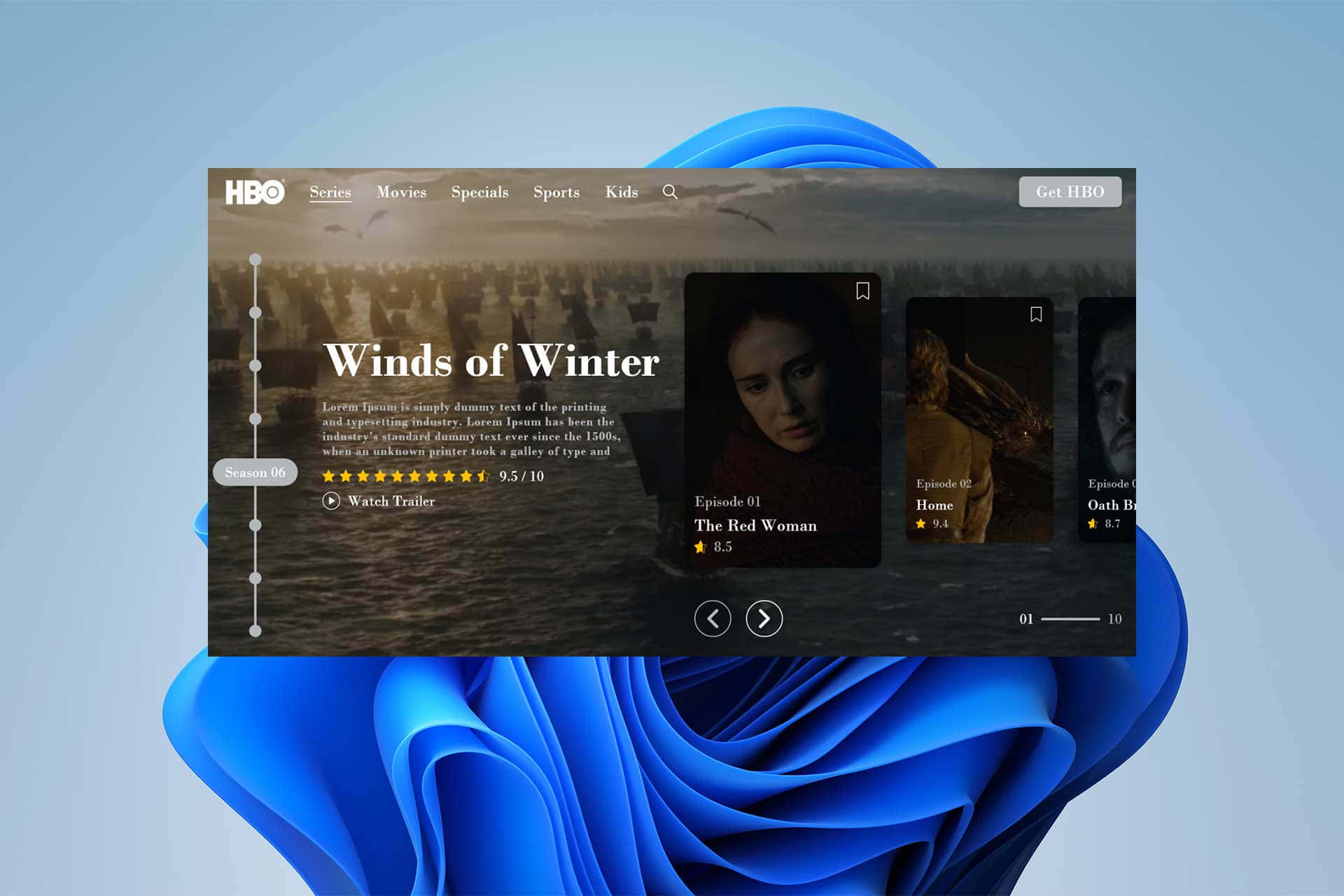 HBO 電視節目頁面顯示 Winds of Winter，背景為藍色抽象。