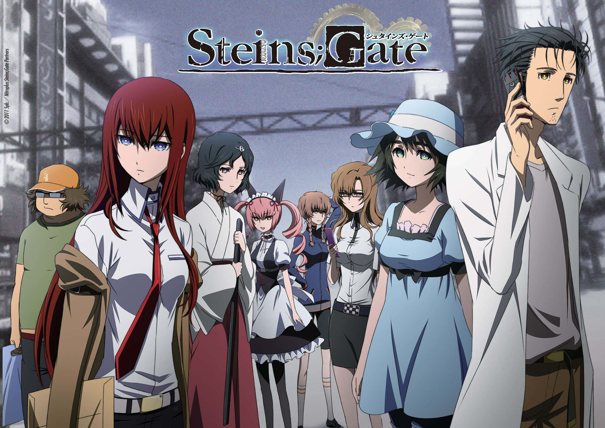 進入Steins Gate的世界 壁紙 — 一群動漫角色站在雨中的城市小巷，上方有 Steins;Gate 標題標誌。