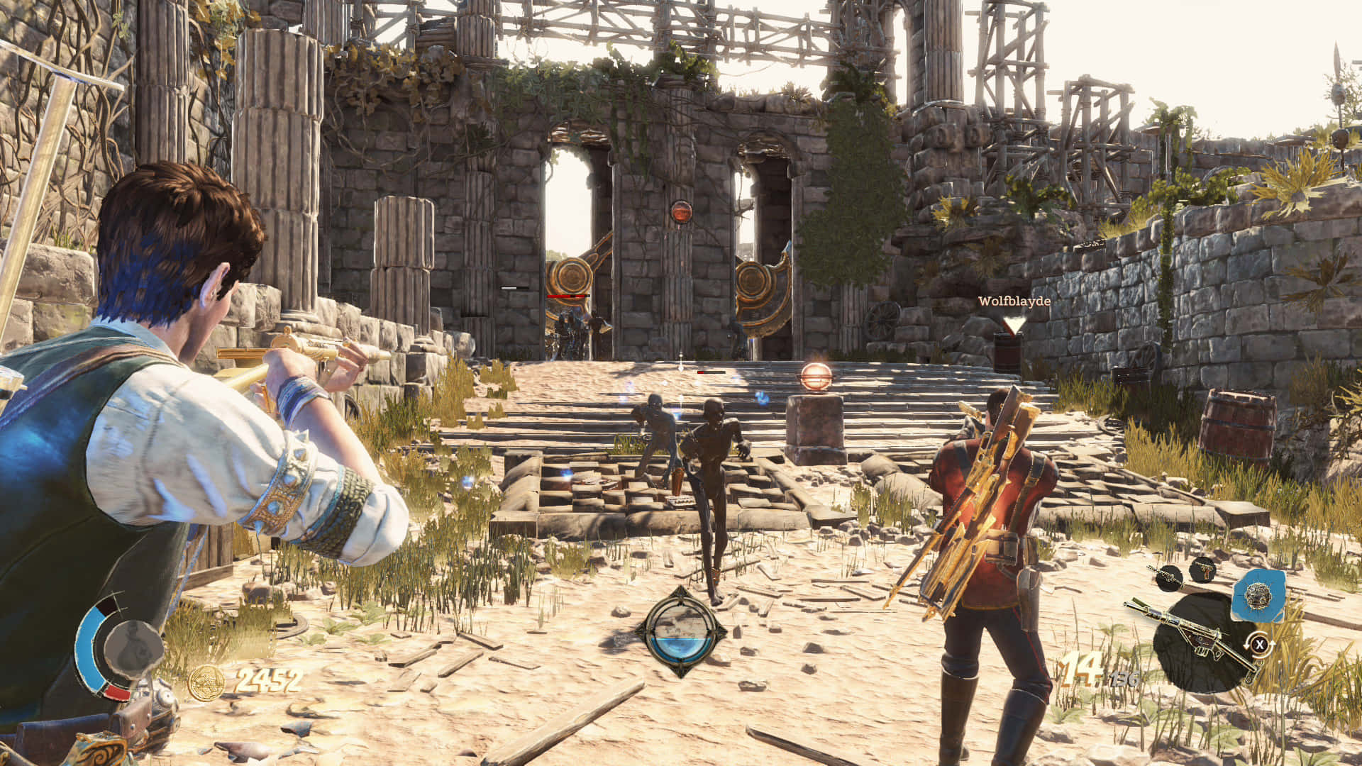 進入Strange Brigade！ 壁紙 — 電子遊戲中的玩家探索著長滿植被的古老石頭廢墟，並可見戰鬥UI元素。