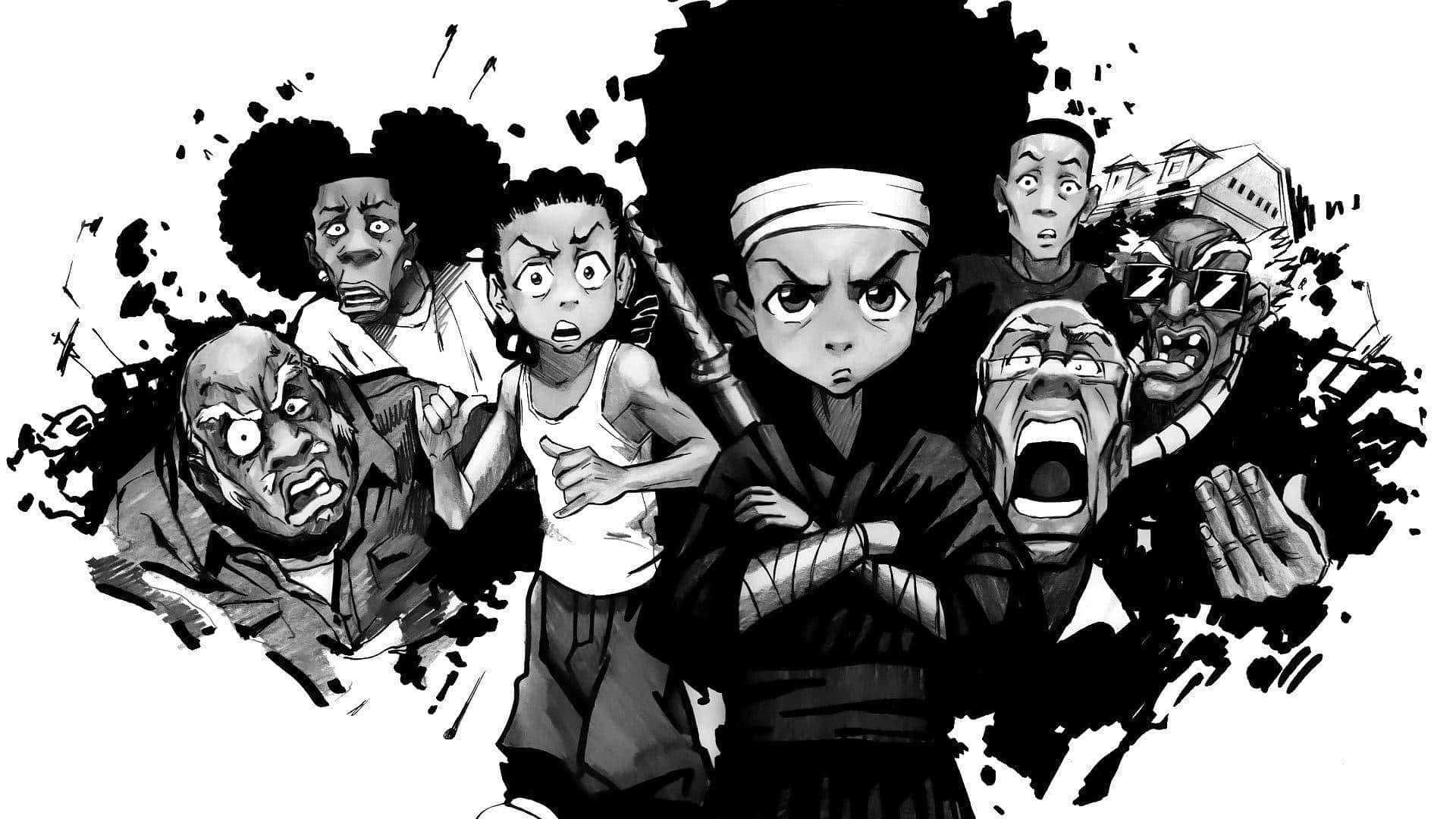 進入The Boondocks，探索Robert Freeman的冒險 壁紙 — 一幅動態黑白動畫插圖，描繪一個堅定的中心人物，被混亂爆發的尖叫、表情豐富的臉孔包圍。