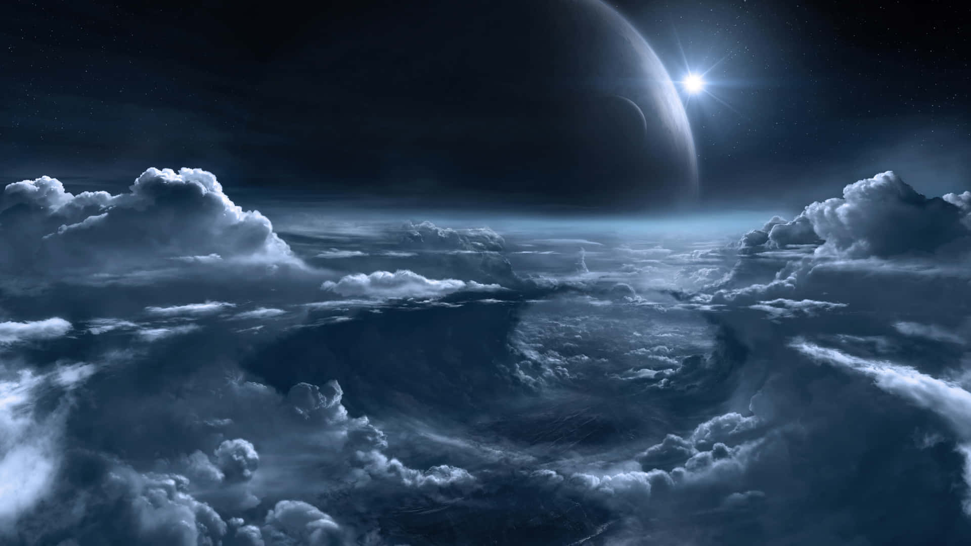 雲層在發光恆星下旋轉，夜空中有行星。