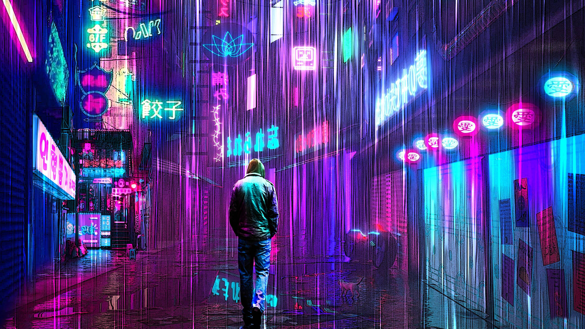 夜晚，一個人在霓虹燈閃爍的雨巷中行走