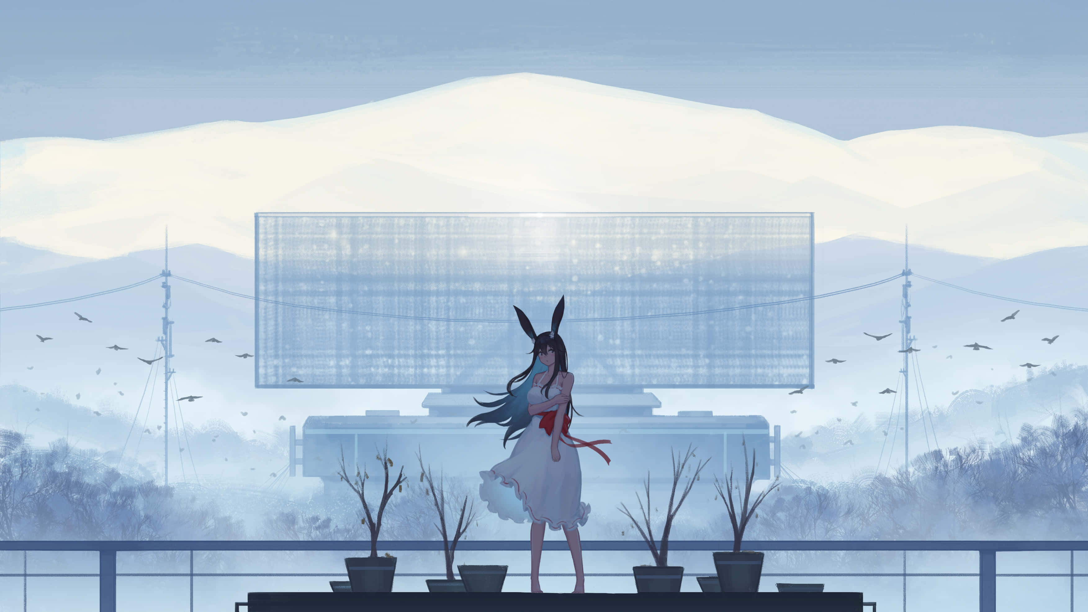 進入動漫白的全新刺激冒險 壁紙 — 一位穿著白色連衣裙的兔耳動漫女孩站在陽台上，俯瞰著雪山和一個發光的廣告牌，周圍有鳥兒飛翔。