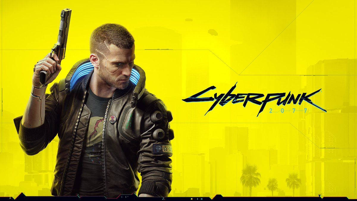 Cyberpunk 2077 主角在霓虹黃色城市環境中拿著手槍。