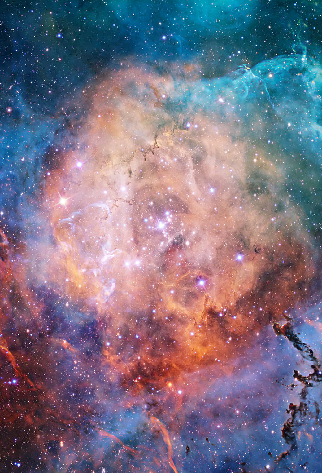 一個色彩繽紛的星雲，有發光的星星和旋轉的宇宙雲。