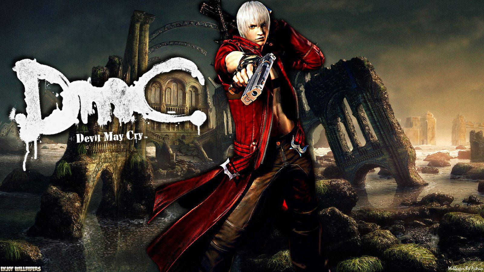 Devil May Cry 主角身穿紅色外套，在毀壞的哥德式場景中向觀眾瞄準槍支。