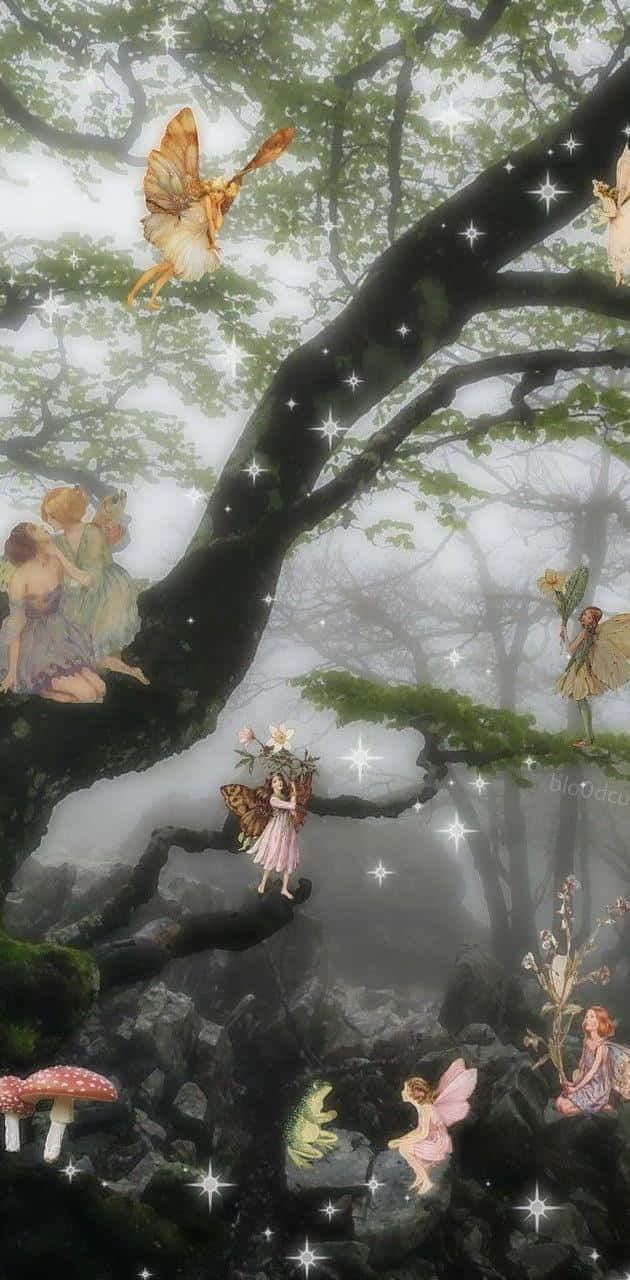 童話森林，發光的仙女在霧氣籠罩的樹木和閃爍的星星之間。