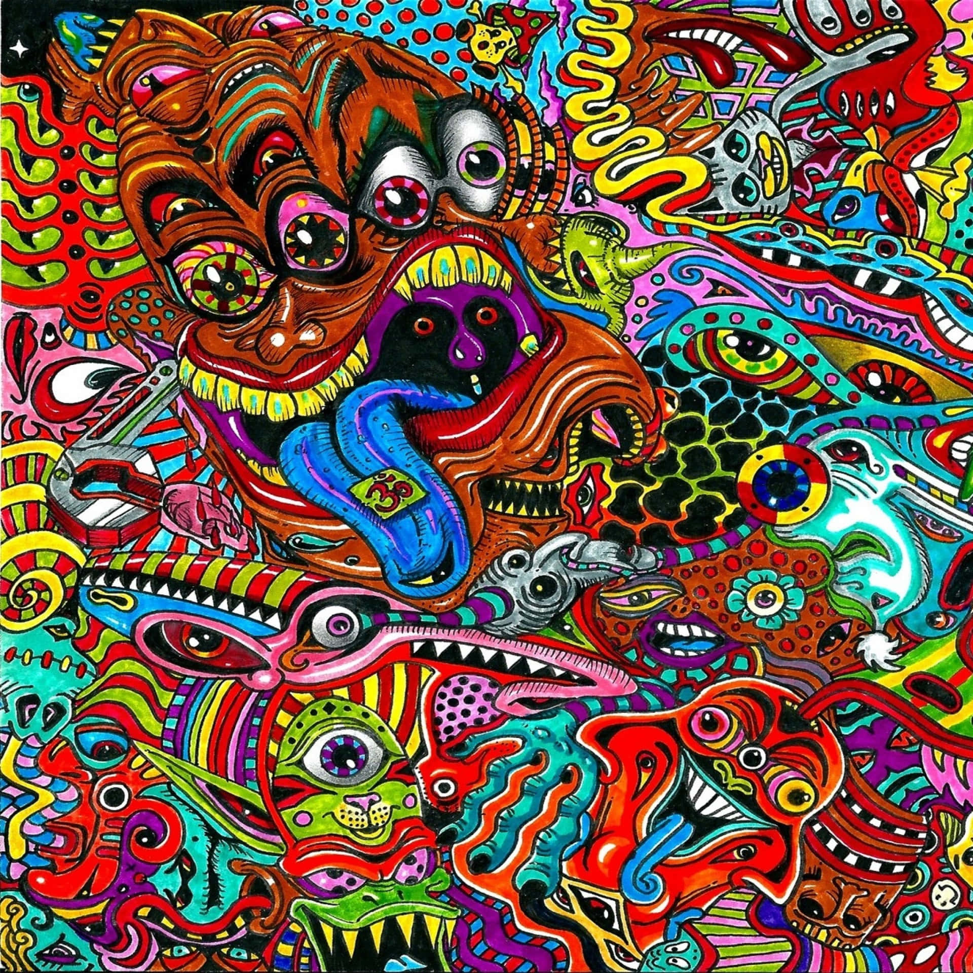 充滿怪獸和發光眼睛的鮮豔超現實藝術作品。
