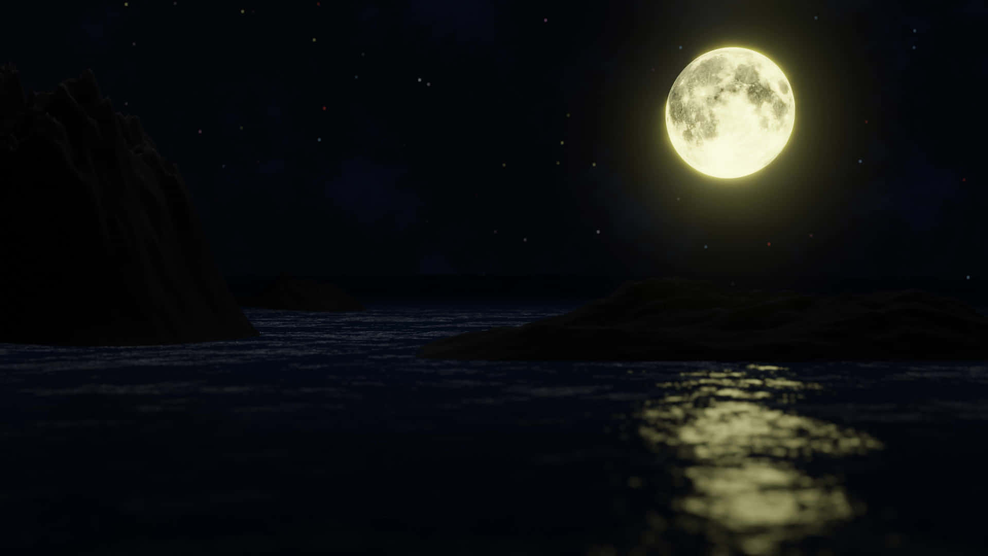 滿月映照在夜晚平靜的海水上，有岩石露頭和星星