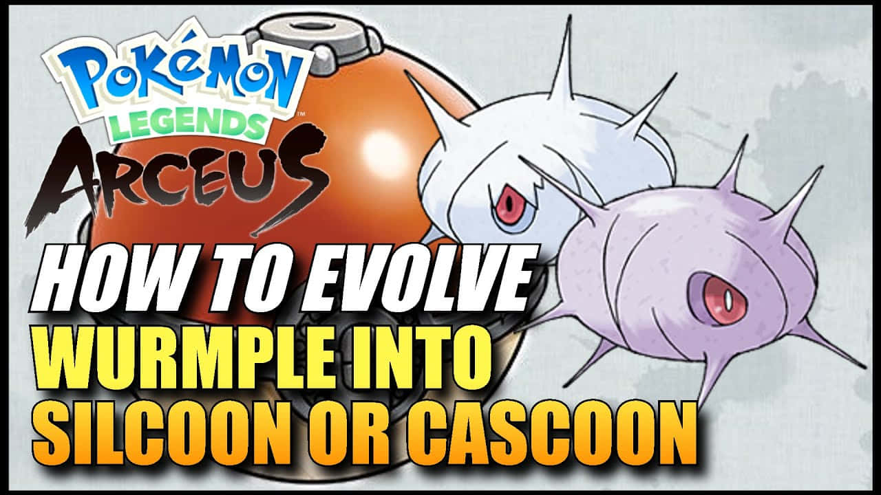 進化Wurmple為Silcoon或Cascoon 壁紙 — Pokémon Legends Arceus 指南圖形，顯示刺尾蟲及其進化形態甲殼繭和盾甲繭，旁邊有一個精靈球。