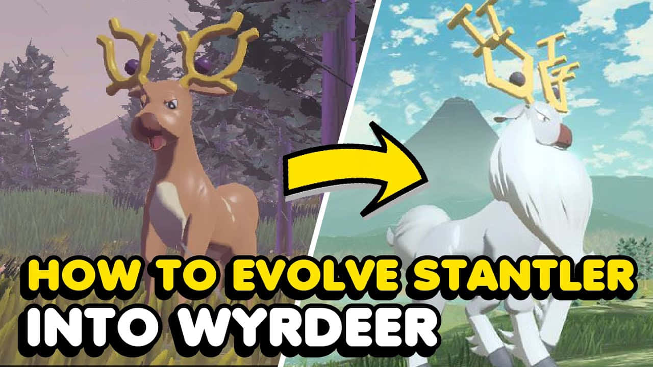 進化為Wyrdeer 壁紙 — 一隻棕色鹿狀生物在森林和山脈背景下進化成一隻帶有金色鹿角的白鹿。