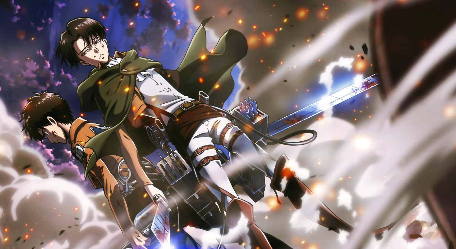 兩名身穿裝備的動漫戰士在火花和旋轉的雲霧中揮劍交鋒。
