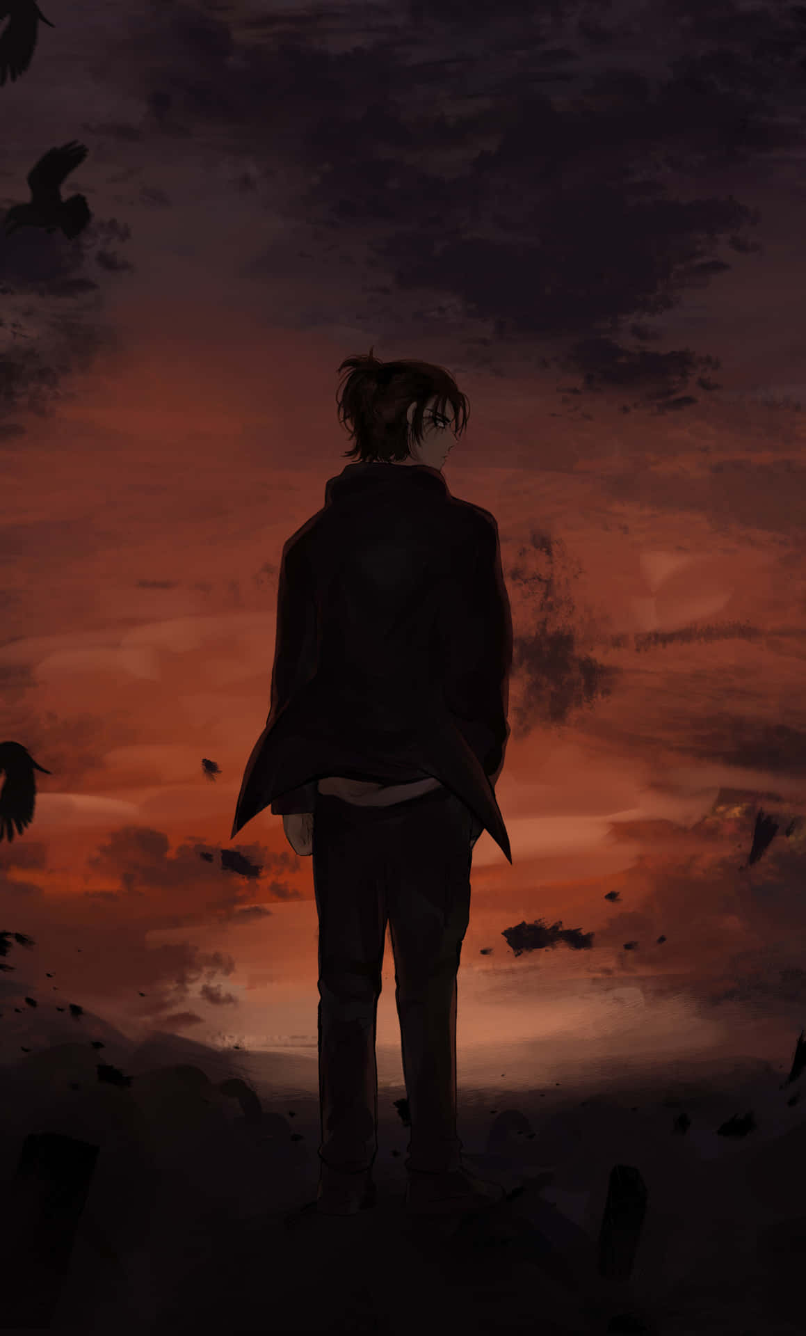《進擊的巨人》中巨人的威脅籠罩城牆外 壁紙 — 一個孤獨的動漫人物在火紅的日落天空下形成剪影，鳥兒飛過，營造出憂鬱的黃昏場景。