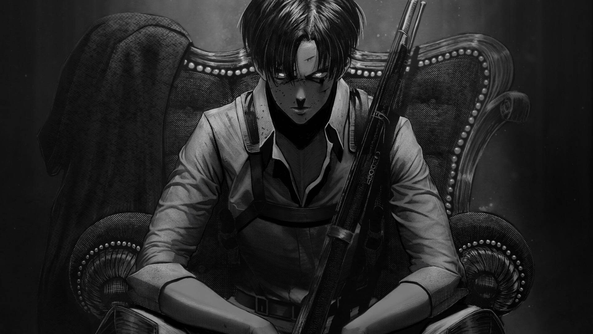 動漫士兵坐在椅子上手持步槍的單色風格