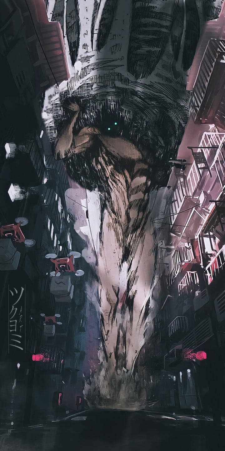 巨大怪物俯瞰著一條霓虹燈照亮、有無人機的城市小巷。