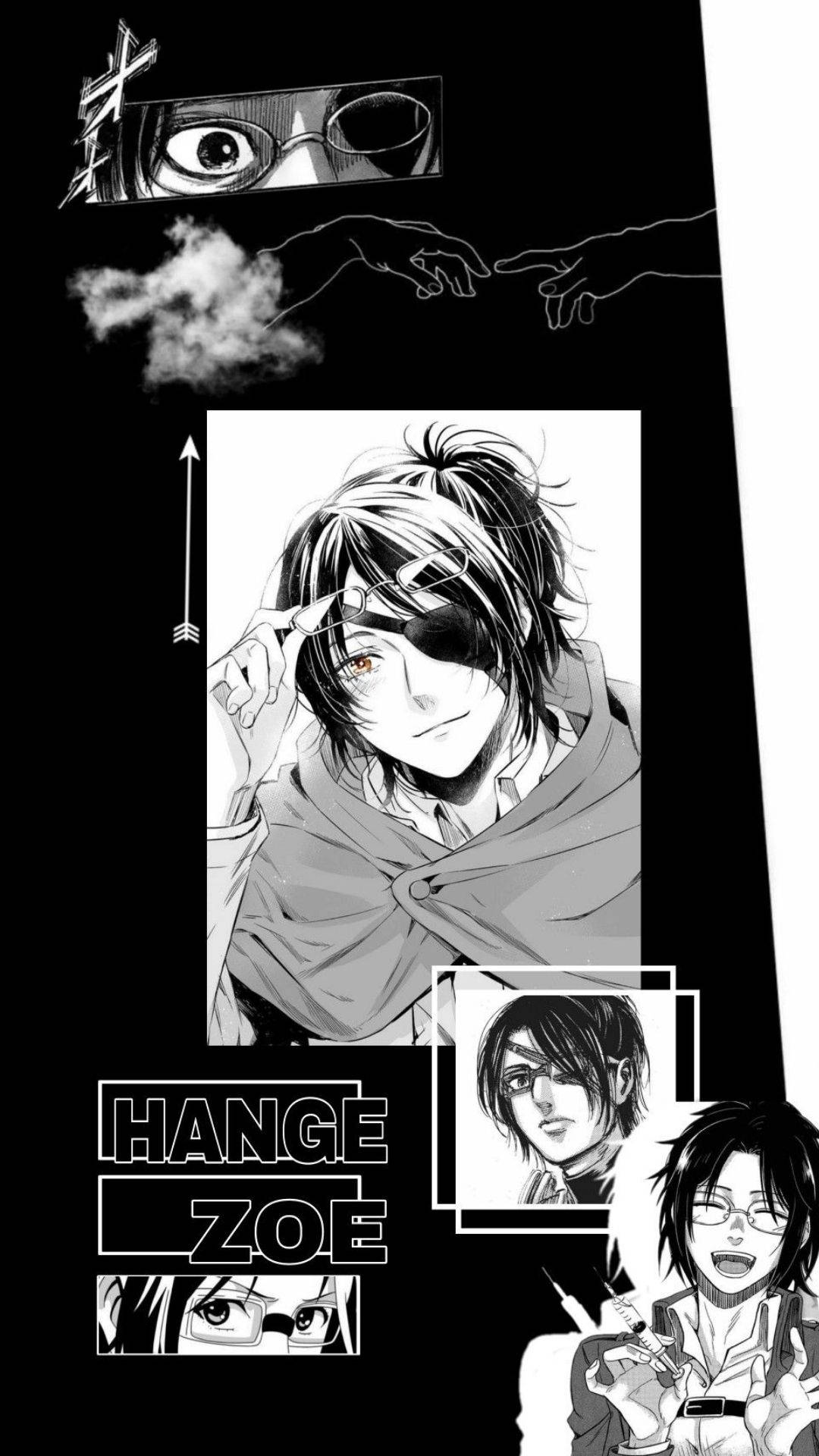《進擊的巨人》漢吉·佐伊漫畫畫風 壁紙 — 一幅黑白漫畫風格拼貼畫， featuring Hange Zoe 戴著眼罩，周圍環繞著浮動的角色面板和象徵性圖像。