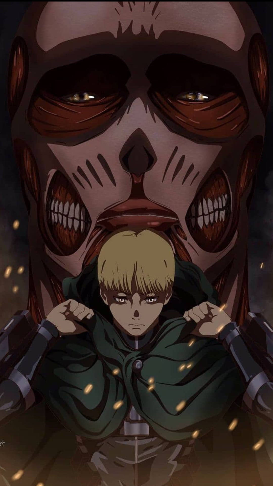 動漫士兵面對一個巨大的巨人，眼睛發光，火花四濺。