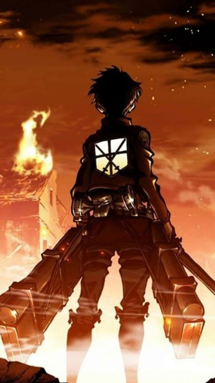 帶有發光徽章的動畫士兵站在熾熱的日落中，手持巨型武器。