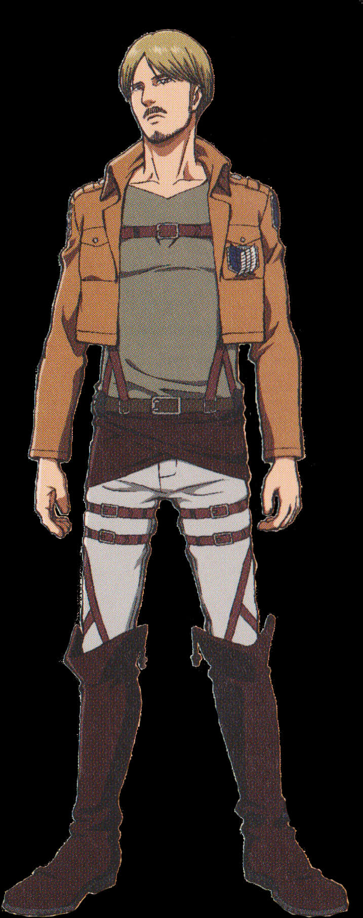 進擊的巨人偵察兵隊制服 壁紙 — 一位金髮動漫士兵穿著棕色夾克和白色褲子，自信地站在黑色背景前。