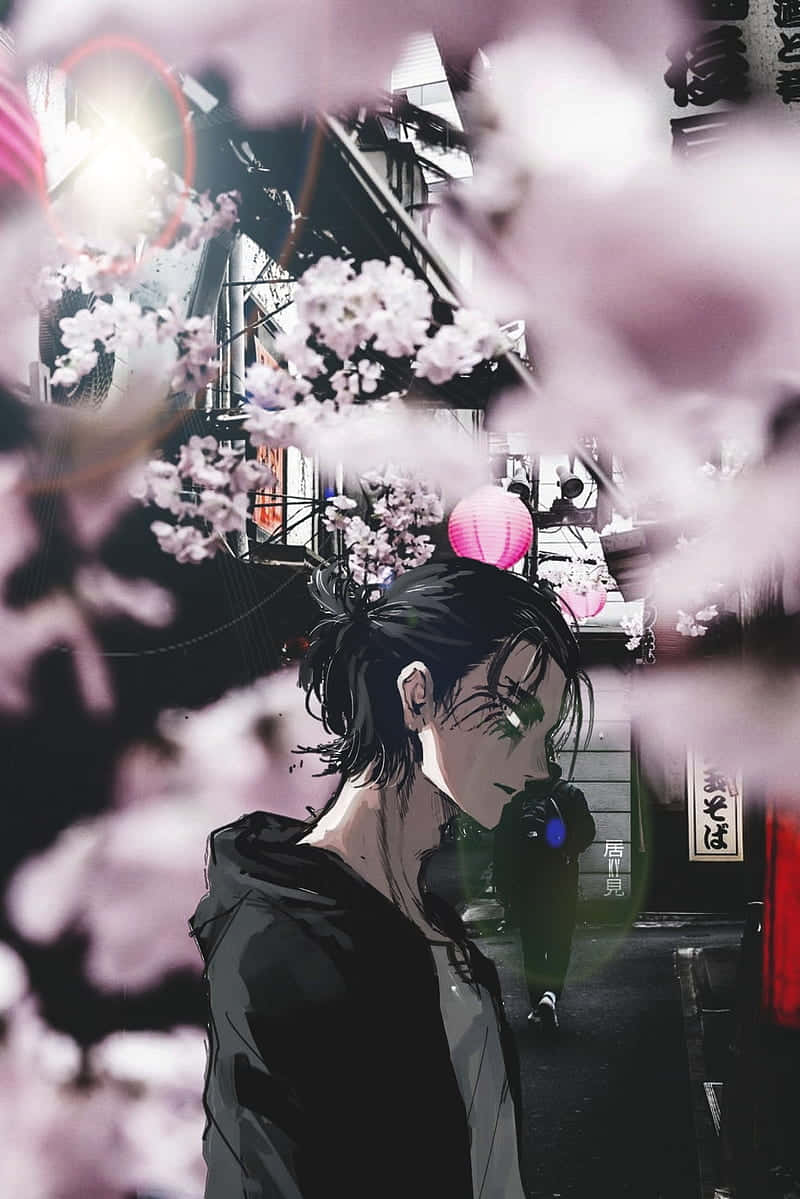 進擊的巨人動畫 櫻花樹旁的艾倫 壁紙 — 一個孤獨的動漫角色在夜晚霓虹燈照亮的日本小巷中，站在盛開的櫻花樹下。