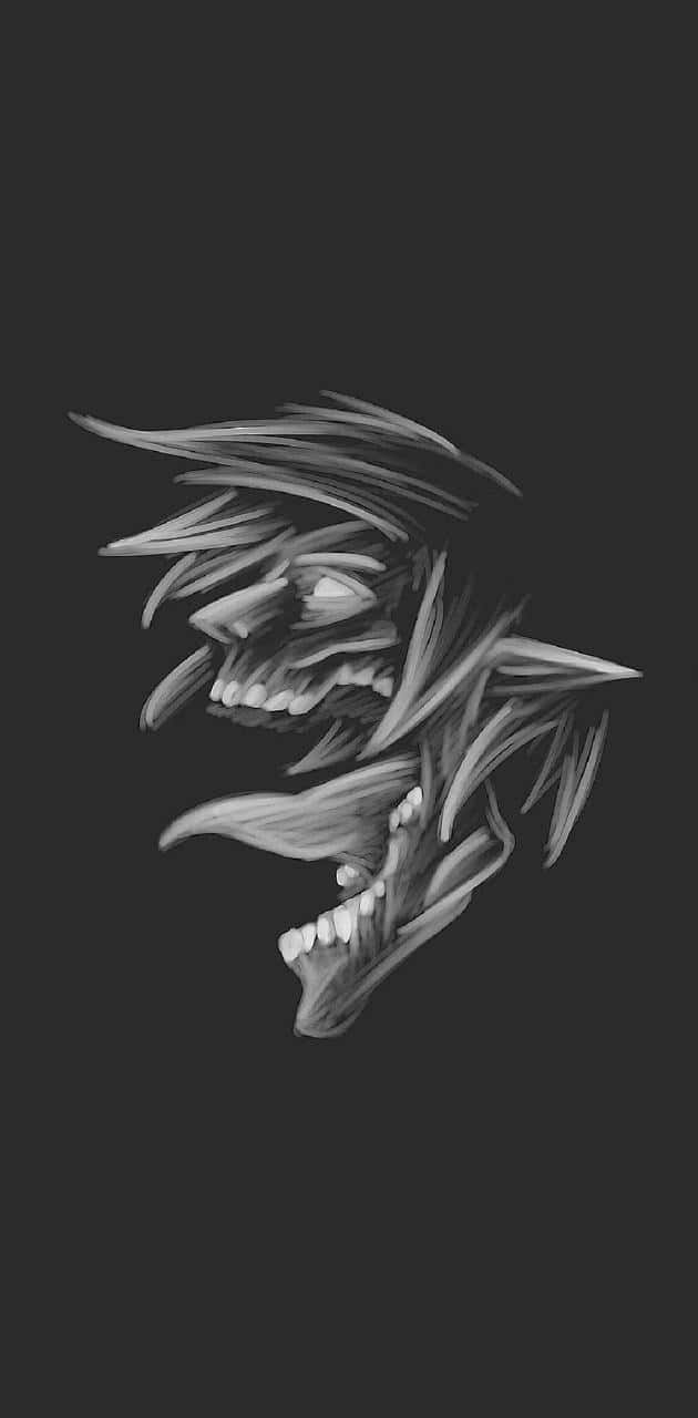 進擊的巨人動畫 灰色巨體艾倫 壁紙 — 一個令人難忘的灰階插圖，描繪了一個擁有尖銳牙齒和狂野頭髮的怪異頭骨，背景為深色。