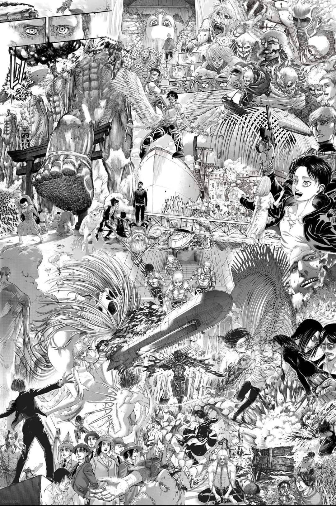 漫畫藝術作品，描繪了巨大的巨人和士兵在混亂的戰鬥場景中。