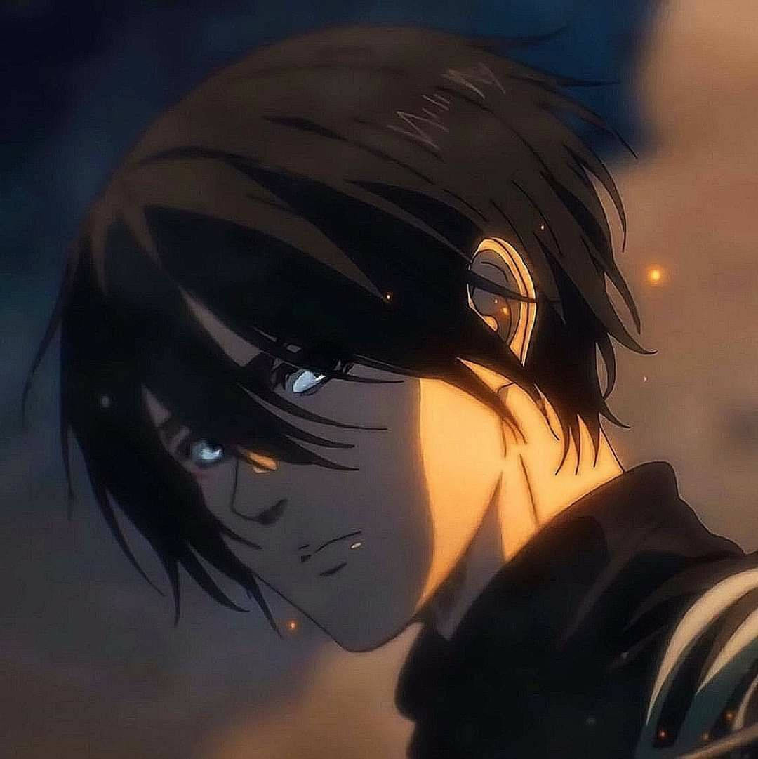 擁有深色頭髮和發光眼睛的動漫男性角色，沐浴在溫暖的夕陽光中。