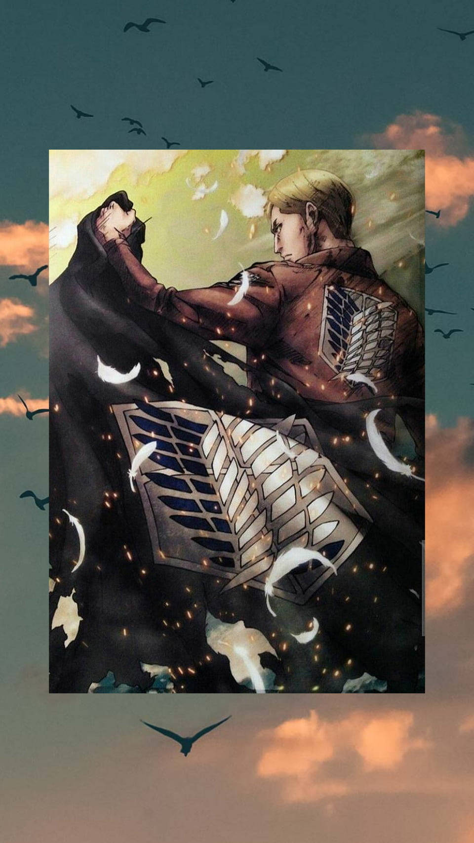 進擊的巨人角色艾倫·史密斯舉旗照 壁紙 — 一個堅定的動漫士兵穿著有翼套裝，在戲劇性的日落天空下抓住一個黑暗身影，天空中有飛鳥。
