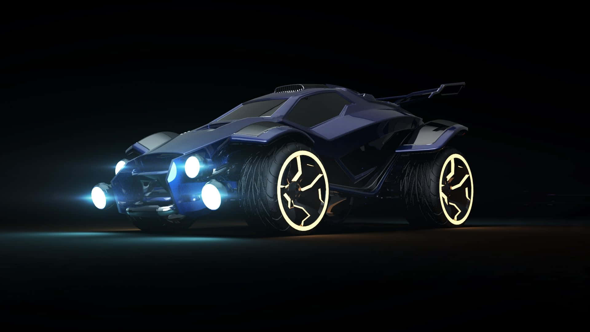 進球得分，準備迎接極限快感——《Rocket League》 壁紙 — 一輛時尚的未來主義藍色跑車，帶有發光的車輪和頭燈，在黑暗的攝影棚背景下蓄勢待發。