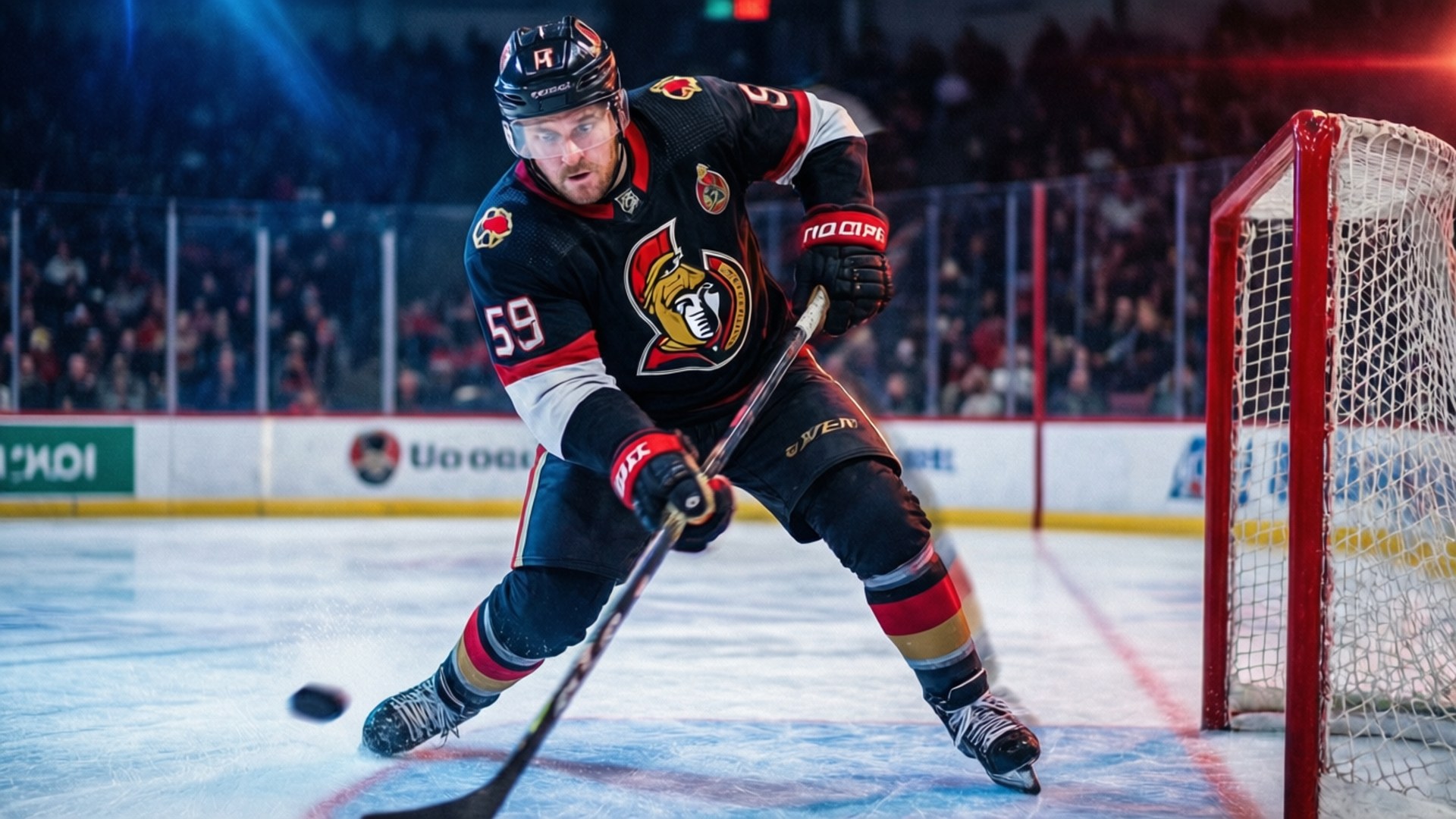 冰球運動員帶球滑向球門。