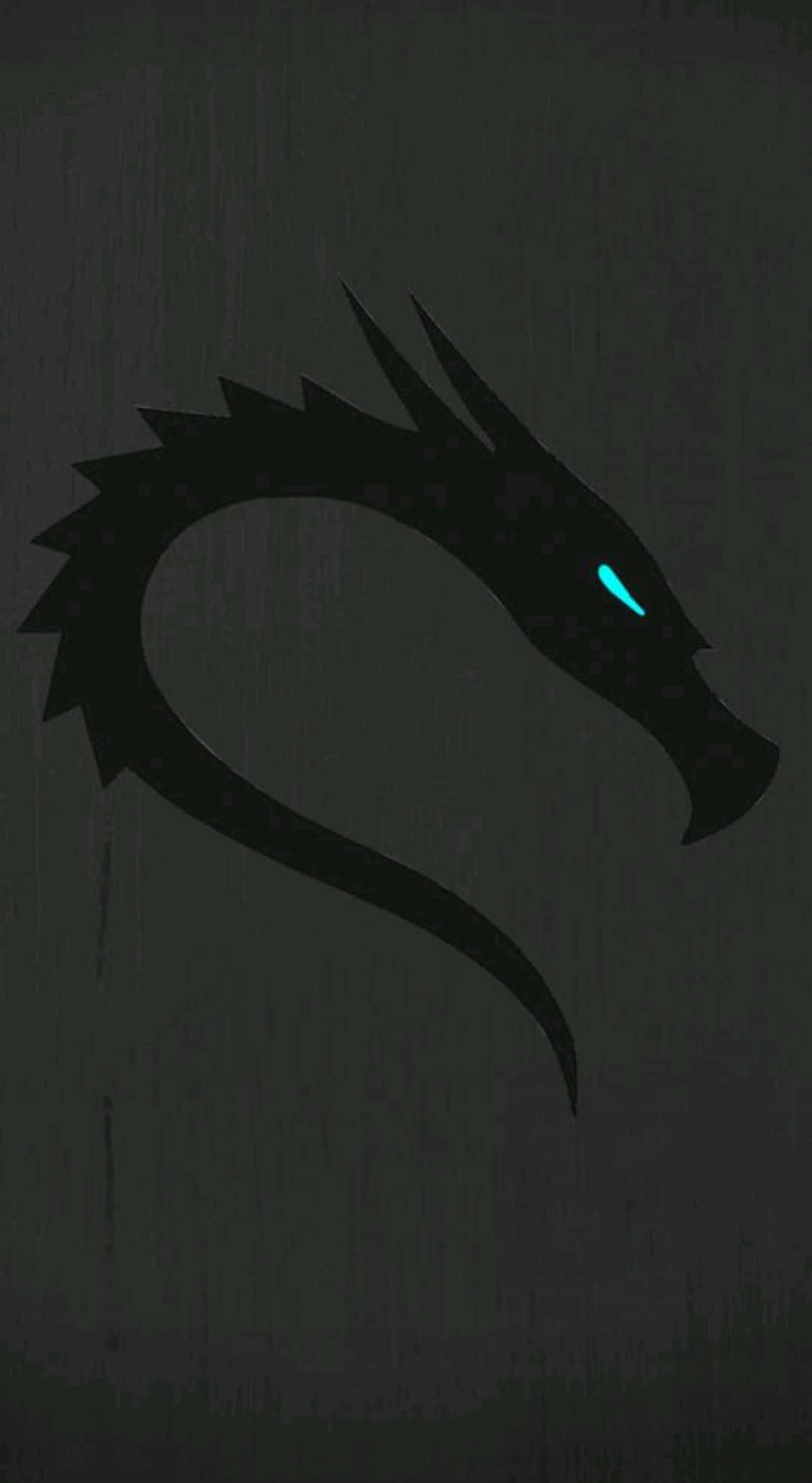 進階網路安全 — Kali Linux 壁紙 — 一條光滑的黑色龍剪影，帶有發光的青色眼睛，凝視著深色紋理背景。