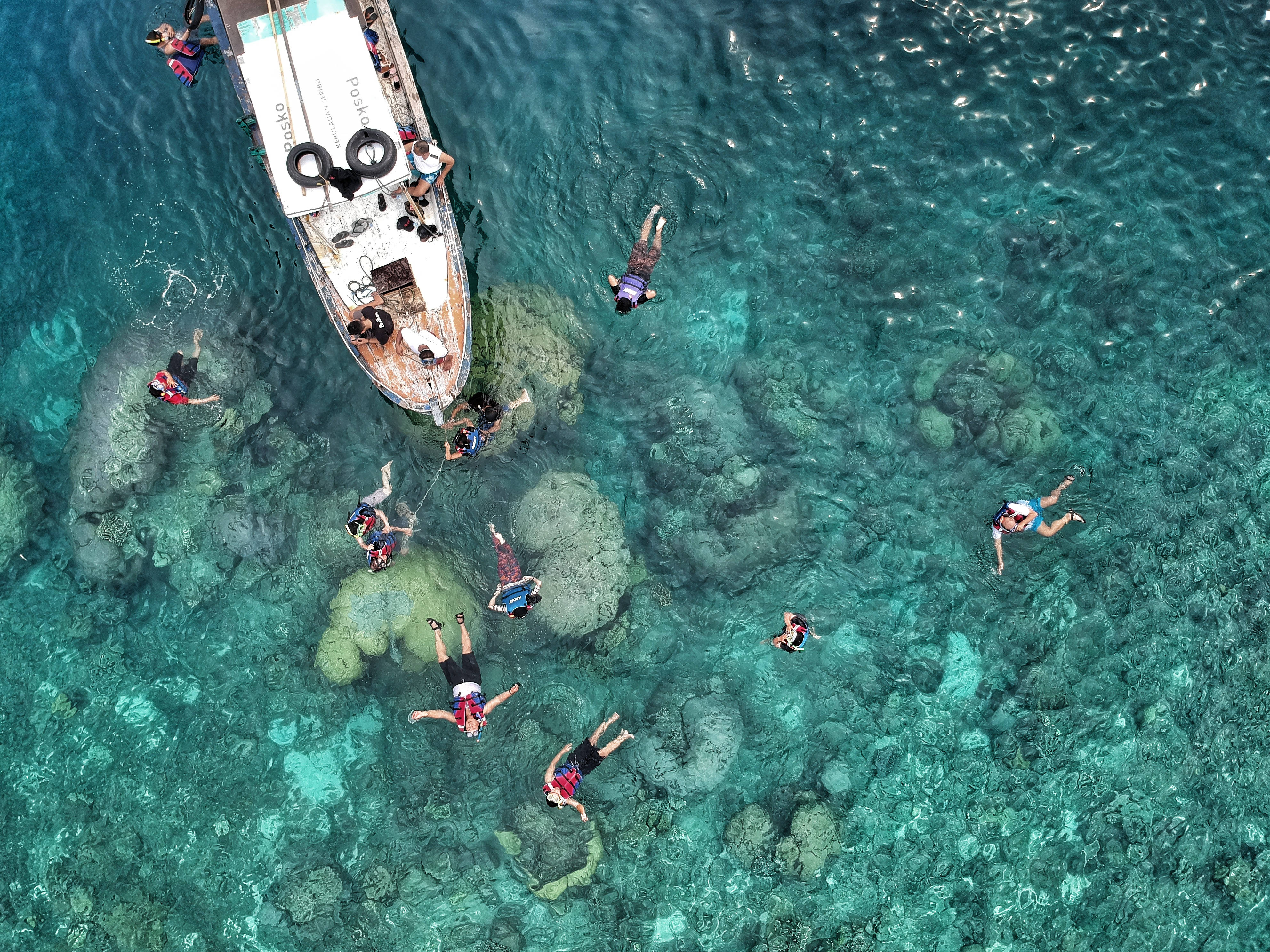 遊客近船浮潛 壁紙 — 鳥瞰圖顯示人們在清澈碧綠的海水中漂浮和游泳，附近有一艘小船錨泊在珊瑚礁上。